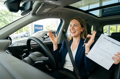 DriveWise lending specialist reviewing a car loan application with a client in a bright modern office